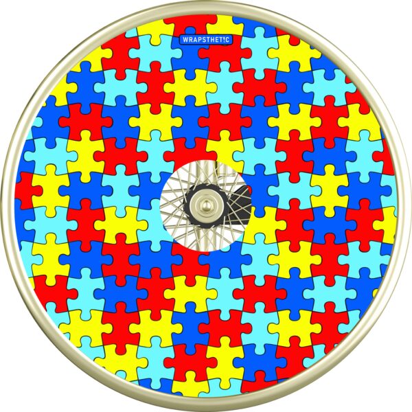 Wheelchair cover in puzzle design in blue, red and yellow